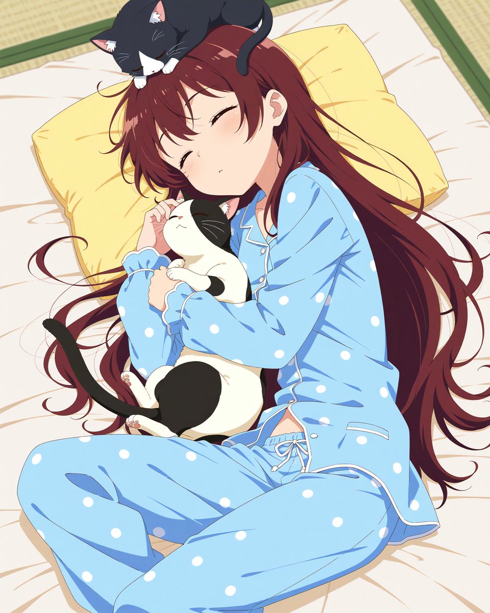 tsuyo1sumi's tweet image. 猫と寝てるパジャマの子
#AIart #AIイラスト