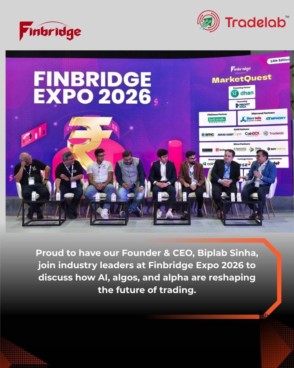 TradelabTech's tweet photo. A power-packed panel at Finbridge 2026 explored how AI, algos, and alpha are redefining the future of trading and investing.

Proud to have our Founder &amp; CEO, Biplab Sinha, representing Tradelab at Finbridge Expo 2026 alongside a stellar panel of industry leaders. https://t.co/Yx0nyPsEAx