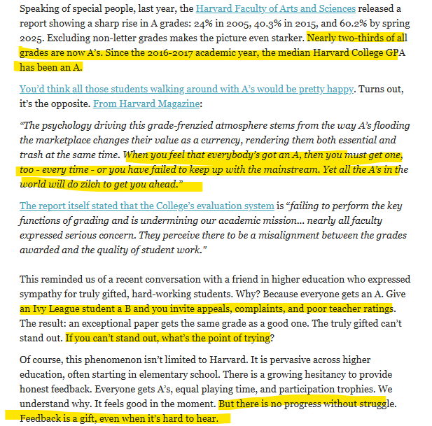 blueprintsmb22's tweet photo. Good excerpt from Chenmark's letter this week which highlights why alot of the high achievers I used to hire in my old hedge fund days turned out to be complete snowflakes.  In both finance and in the blue collar world, the best hires have usually failed/aren't scared to fail/will admit what they can't do/are willing to find solutions. Also the grade inflation at Harvard is crazy stupid