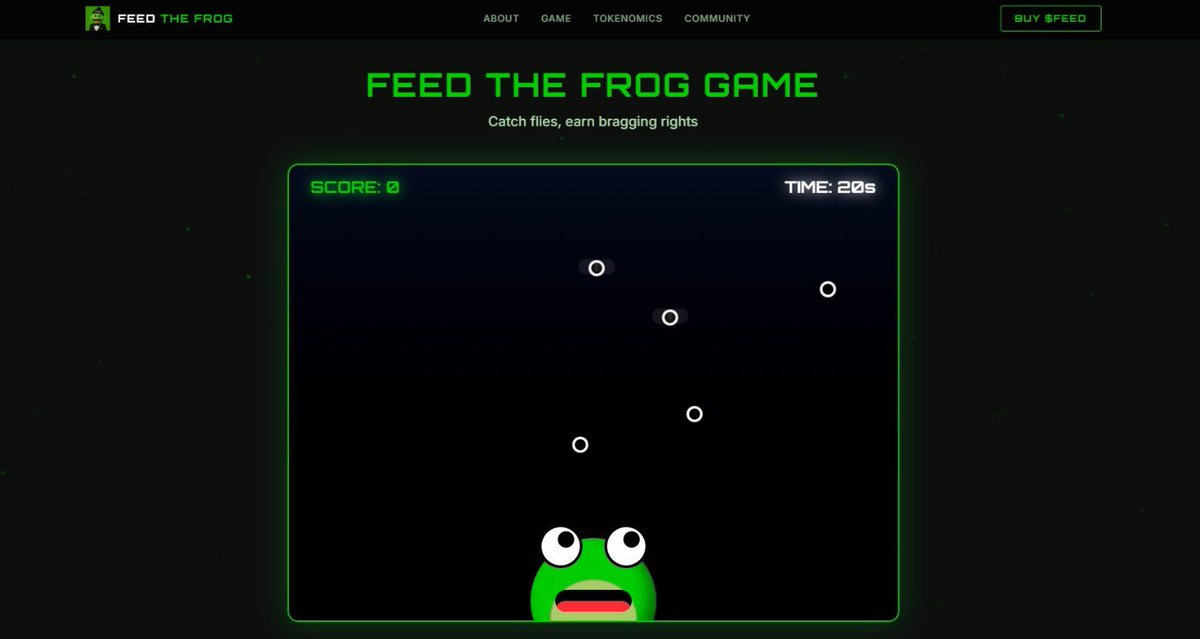 $FEED THE FROG 🐸

just a hungry frog
and a bunch of degens clicking like crazy

eat flies
stack gains
repeat until addicted

🎮 tap like a maniac
🐸 feed it nonstop
😂 miss = embarrassing

this isn’t utility
this is a loop

👉 feedthefrog.xyz

and somehow it works