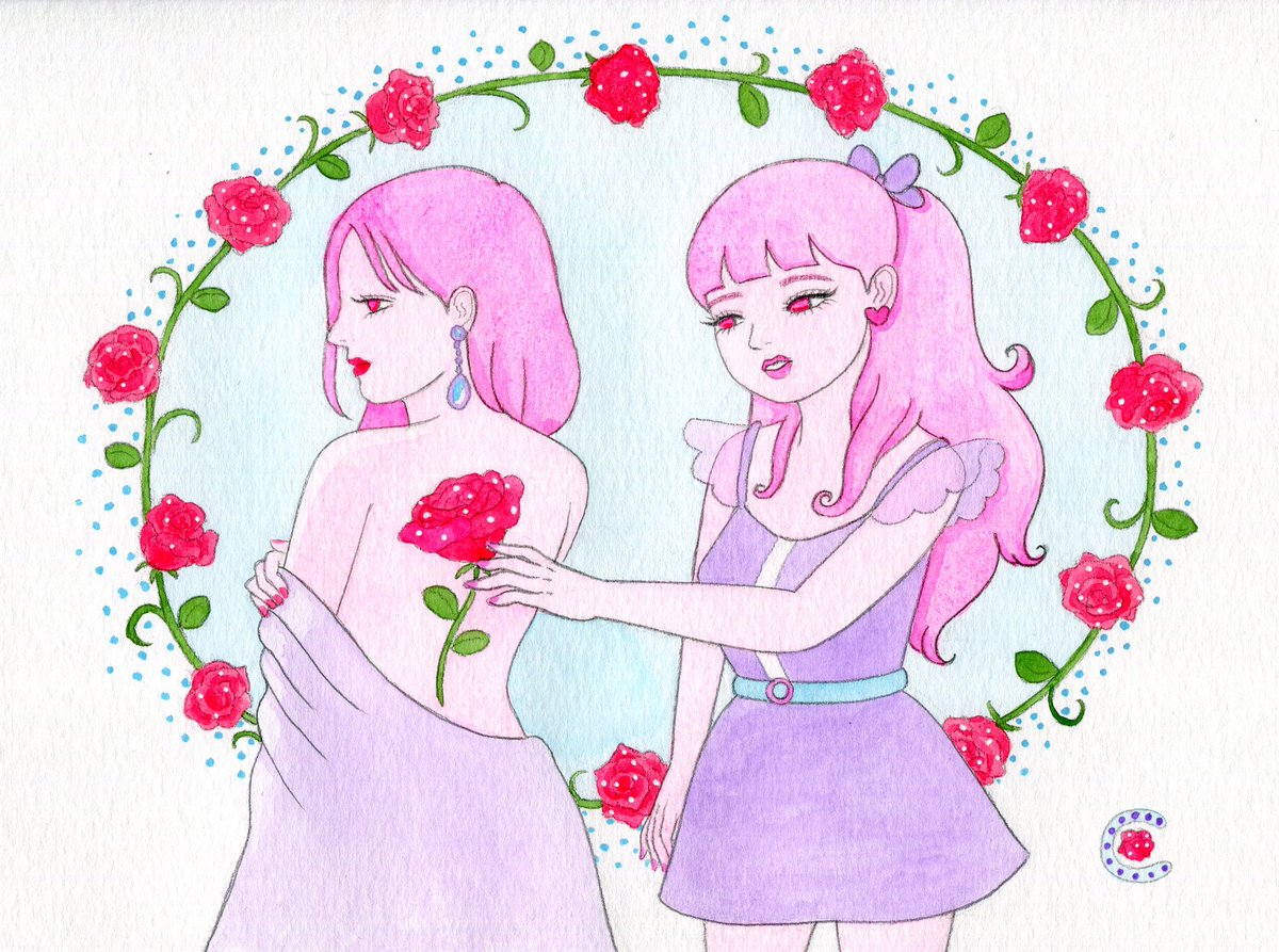takeichika's tweet photo. Oh!STOREさんの個展で展示した作品紹介　タイトル　「お花摘み」
画材　鉛筆、アクリル絵具、ボールペン

新作紹介はこちらが最後です。制作順でも1番最後に描いた絵です。手も描くことに慣れてきて素直に自分が描きたいものを表現できました。やっぱり女の子を描くのが楽しい☺️💖 https://t.co/XgJkpLfWNk