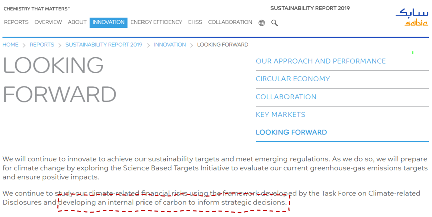 HarrySilver17's tweet image. In its 2019 Sustainability Report, SABIC announced that it was developing an "internal price of carbon" to inform its decision-making. 

sabic.com/en/Images/SABI…

I wonder whether the company has since established a specific value, and if so, what that value is.

#ClimateChange