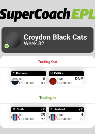 SCouch31369's tweet photo. Spewing I’ve had to use two trades. Down to two left.

#eplsupercoach https://t.co/4r8ZP1FmAA