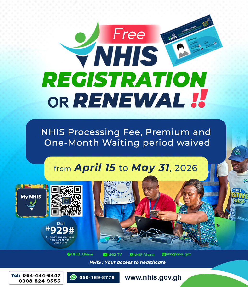 Free healthcare just got even closer 🇬🇭

From April 15 to May 31, 2026, enjoy FREE NHIS registration or renewal, with no processing fee, no premium, and no waiting period.

This is your chance to get covered instantly and protect yourself and your family without spending a