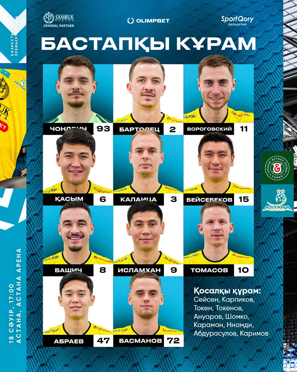fc_astana's tweet image. «Елімайға» қарсы бастапқы құрам! ✅

#Astana2026 #FCAstana #Kazakhstan