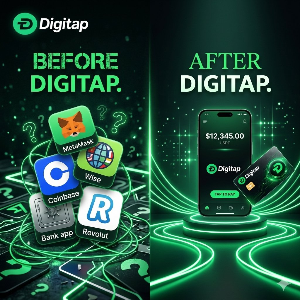 DigiTap_app's tweet image. Before:
📱 MetaMask (crypto storage)
📱 Wise (international transfers)
📱 Coinbase (buy/sell)
📱 Bank app (fiat)
📱 Revolut (card)

After:
📱 Digitap. Just Digitap.

One app to rule them all.
Get started → bio.
#allinone #fintech #cryptowallet #digitap #simplifymoney