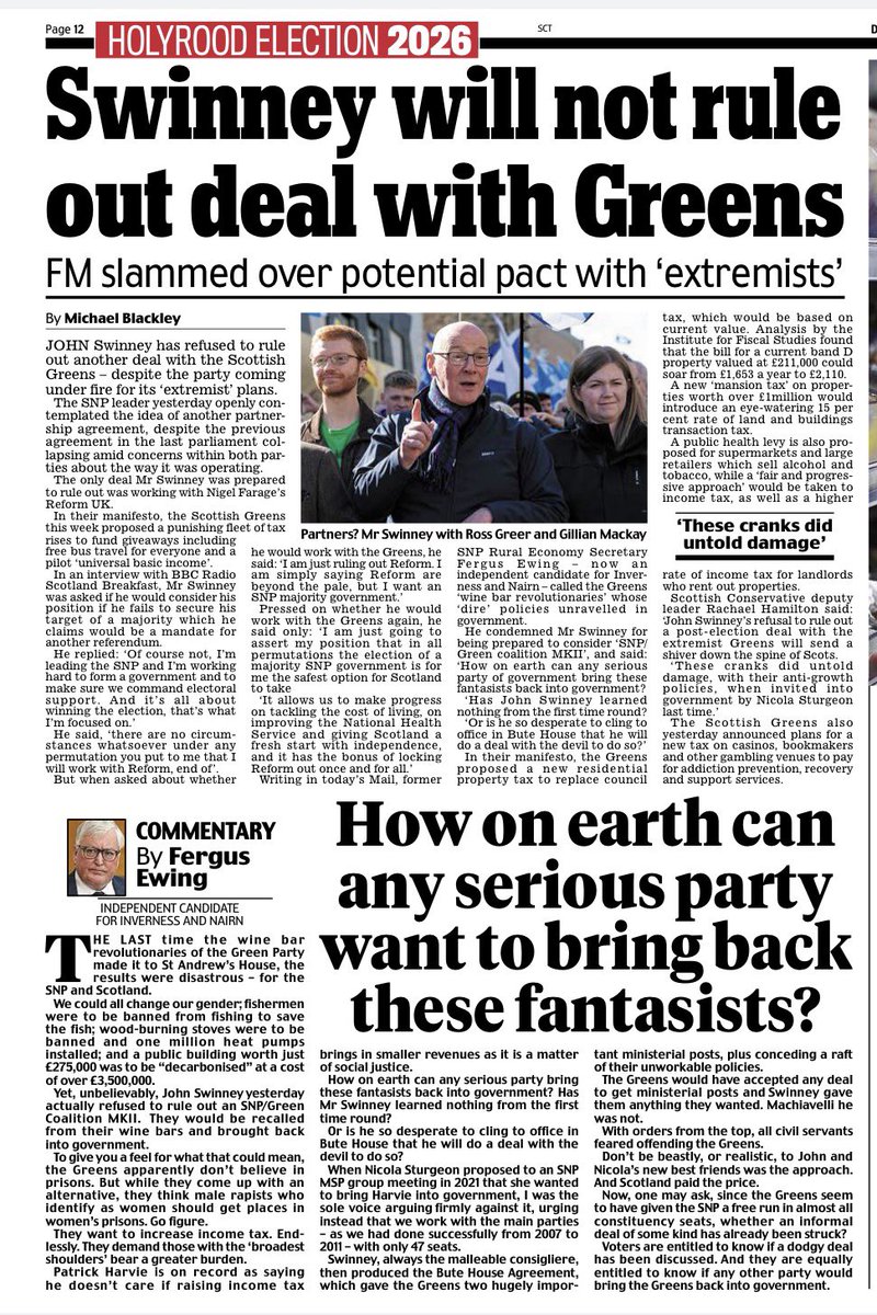 GrahamGGrant's tweet image. ✍️ How on earth can any serious party want to bring back these fantasists? Read Fergus Ewing in today’s @MailOnlineScot on Swinney opening the door to another pact with the Greens 👇

mailplus.co.uk/scottish-editi…

#politics #election #ScottishElections2026