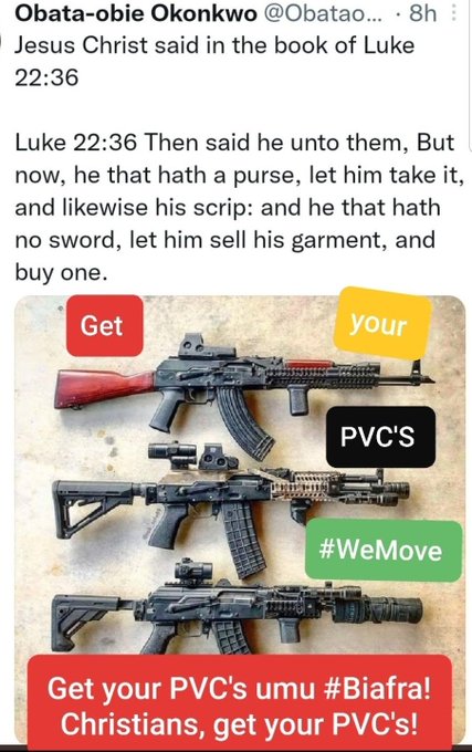 ATasteOfAfrica7's tweet photo. Don't mind it! The American military that the Nigerian Christians ✝️ are calling to help them are majority Christian soldiers with Chaplins in their ranks! Let the Nigerian Christians keep acting like weak, ignorant, defeated, and defenseless cowards, while the Vatican 🇻🇦 raises up armed forces to defend the Pope! It is as if the Christians in Nigeria have been conditioned to be sheep's to be lead to slaughter by their false Shepards! 

We forget that Chist was a Jew ✡️ Do as the Jews ✡️ will do if you claim that your God is the God of Israel 🇮🇱 

Matthew 5:17
“Do not think that I came to do away with or undo the Law [of Moses] or the [writings of the] Prophets; I did not come to destroy but to fulfill."

Stop calling on the God of Israel to come and fight for your when Israelis call on the same God to teach, equip, and lead them in battle for victory, glory and honor to his name! 

Be wise as Serpents oh Nigerian Judeo-Christians ✝️ .

 Do not forget the foundation of the Christian laws! Your body is the temple of the  God, you must protect and preserve it by any means necessary!

Matthew 10:12-14 

"12 As you enter the house, greet it. 13 And if the house is worthy, let your peace come upon it, but if it is not worthy, LET YOUR PEACE RETURN TO YOU. 14 And if anyone will not receive you or listen to your words, shake off the dust from your feet when you leave that house or town." 

Peace is not by force! 

We can not be equally yoked by unbelievers and anti- CHRISTians! 

Do not allow any false prophet to lead you to slaughter by preaching unity with the wolves! 

Pray with wisdom and God will surely answer you! Don't pray for God to do for you what he has created and equipped you to do for yourselves! Stop beings a lazy, docile, imbecilic, helpless, defenseless, abd hopeless Judeo-Christian!  

Stop allowing, enabling and encouraging the victory of the anti- CHRISTians by becoming a Christian coward! 

Self defense is your human right! 

Do not surrender this right to the anti-CHRISTians, then call on God to come and help you fight the creators that he also created! 

Pray instead for God to give you the wisdom to stop being senseless and equip you to conquer those who want to take your life unjustly! 

Defend yourselves oh Nigerian Christians ✝️ Defend your God given lives and livelihoods now or surrender it to the anti-CHRISTians! 

May thunder fire you for being a coward who chose not to defend the life God gave you 🙏 

#DivideNigeriaNowToSaveLives remains the only reasonable solution to this Lugardian business contraption called one Nigeria #StopChristianGenocideInNigeria 🕊