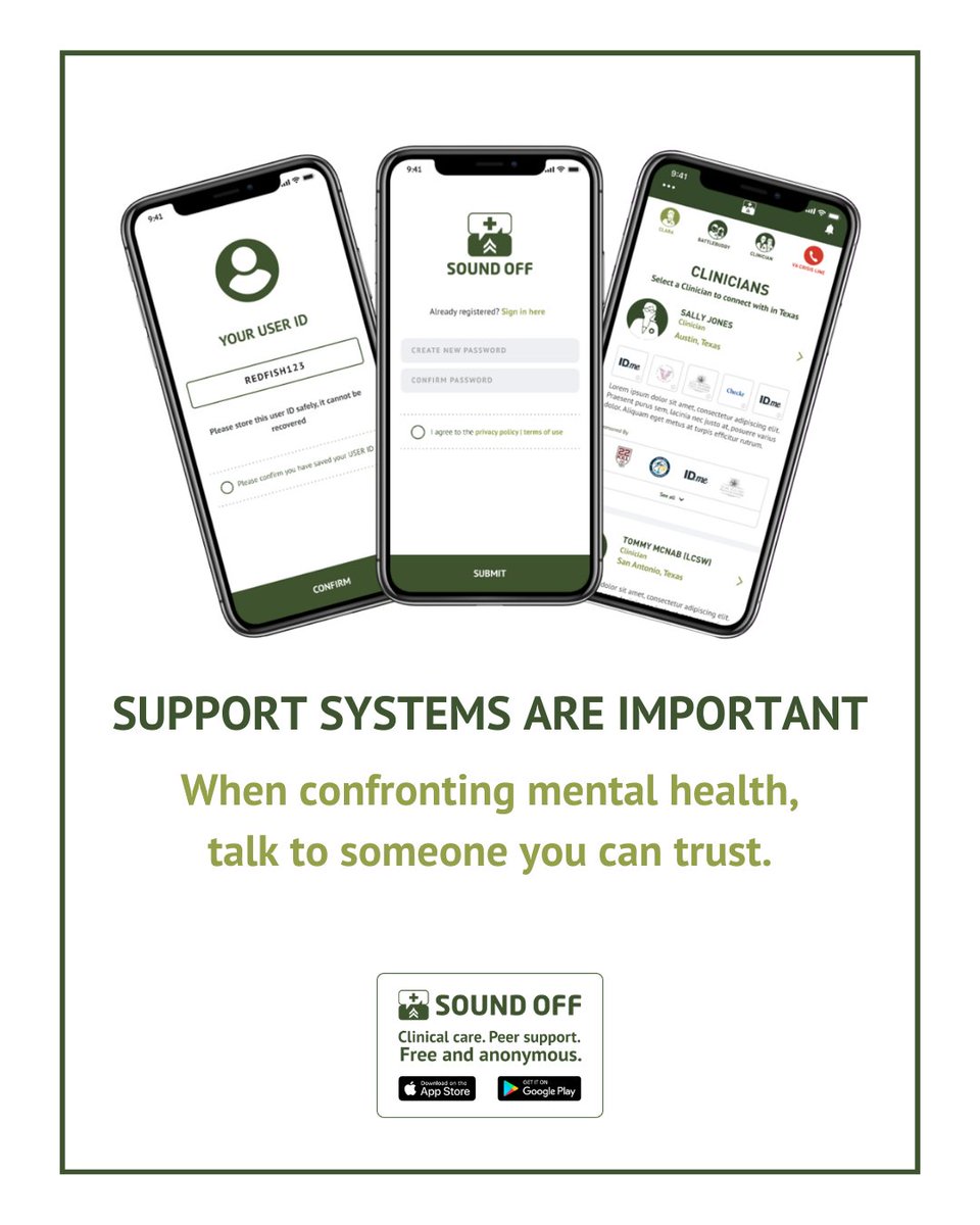 SoundOff's tweet photo. When confronting mental health, talking to someone you can trust can make all the difference. Sound Off connects those who serve to trusted clinicians and trained peers in a safe, anonymous space.
Get connected at https://t.co/GqnKHCoRMz
#SoundOff #MentalHealth #PeerSupport https://t.co/QE3stSnqES