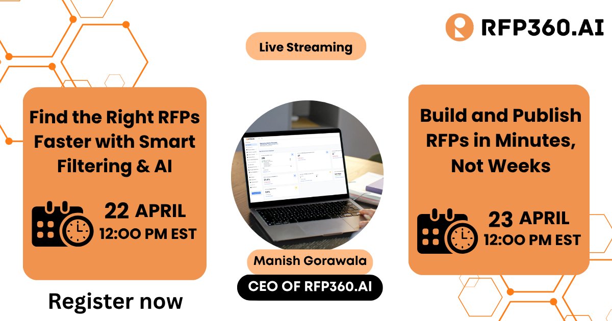 RFP360_AI's tweet image. 🚀 Stop guessing. Start winning with the right RFP strategy! 
Join our live webinars on 22 &amp;amp; 23 April. 

 Register for 22nd: meet.zoho.com/fxqp-uht-hmv 
Register for 23rd: meet.zoho.com/waai-kdt-agi

#Procurement #BidManagement #ProposalManagement #Webinar #RFP360AI #linkedinwebinar