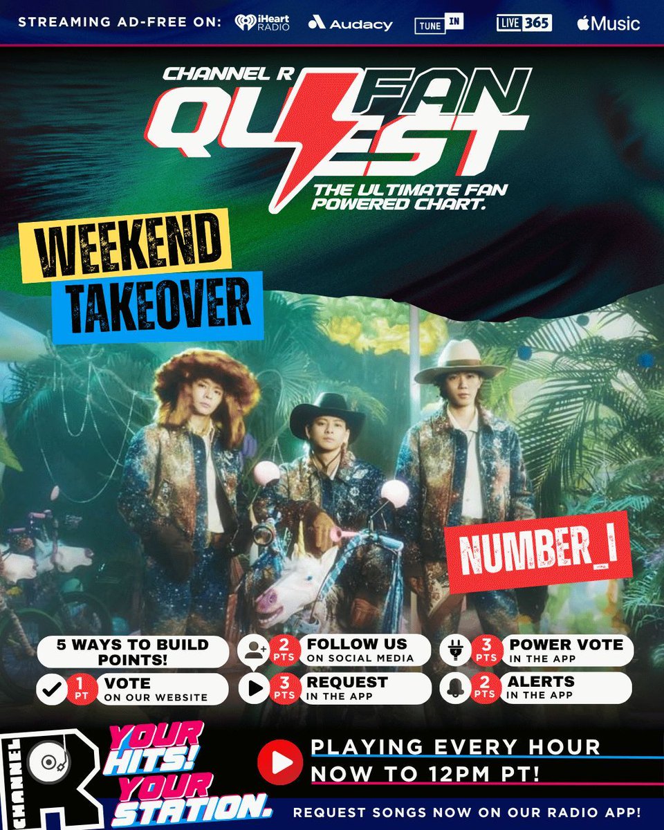 channelrradio's tweet image. 🎉 QUEST CHAMP WEEKEND TAKEOVER 🎉
Number_i is taking over Channel R — playing EVERY HOUR for the next 8 hours 🎶⚡

Keep stacking points today and pushing your fave — we announce the next Quest Champ TOMORROW👀

Support your artist on #ChannelRFanQuest 👉 channelrradio.com/fanquest
