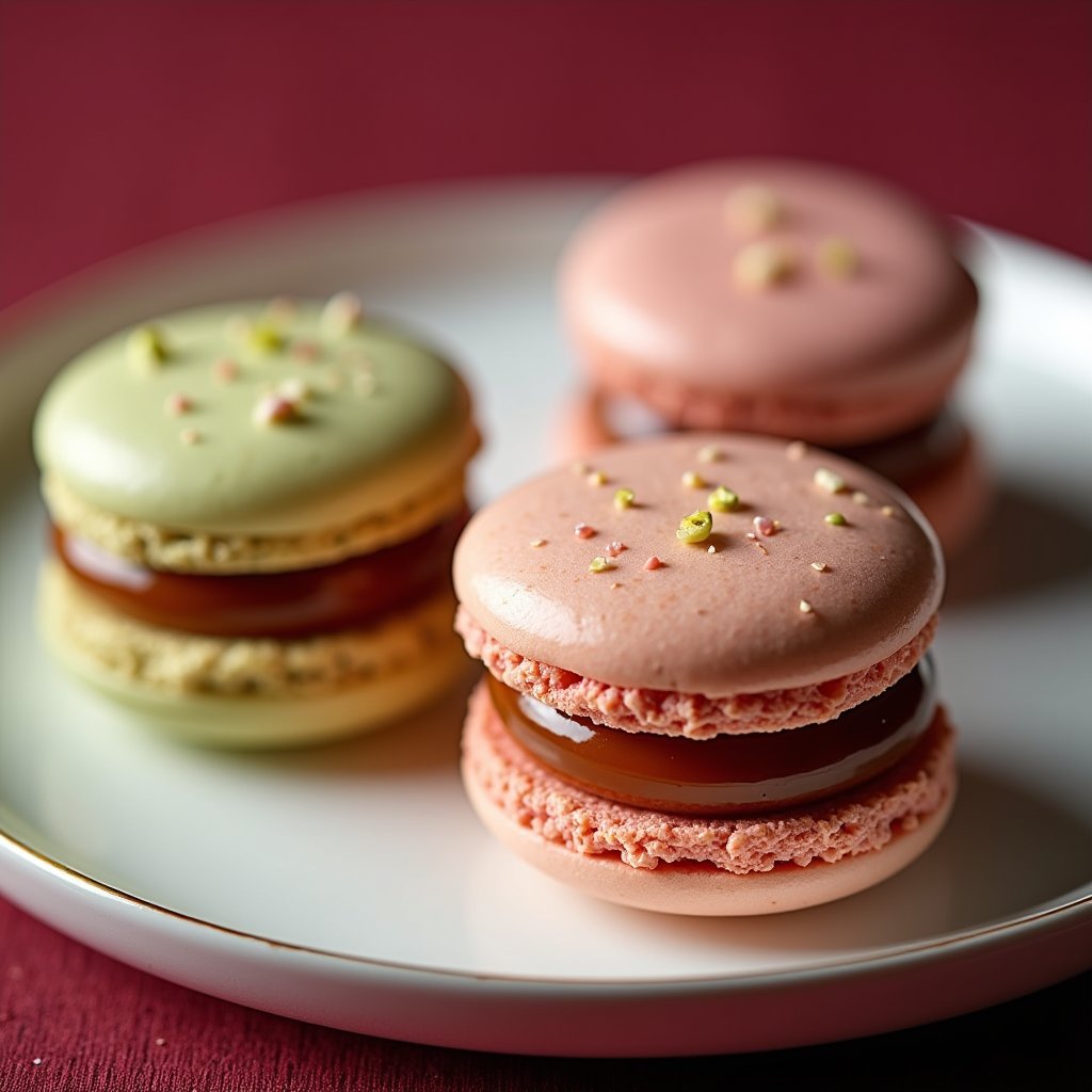MacaronsBite's tweet image. We craft the perfect bite: crisp, delicate shells with creamy contrasts—vanilla bean’s warm floral cream, pistachio‑rose’s nutty perfume, and salted caramel’s buttery, salty pull. Ideal for gifting or dessert tables. wix.to/xjE6ADI #macarons