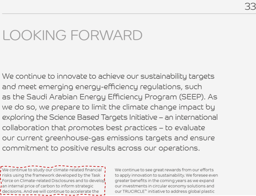 HarrySilver17's tweet image. In its 2019 Sustainability Report, SABIC announced that it was developing an "internal price of carbon" to inform its decision-making. 

sabic.com/en/Images/SABI…

I wonder whether the company has since established a specific value, and if so, what that value is.

#ClimateChange