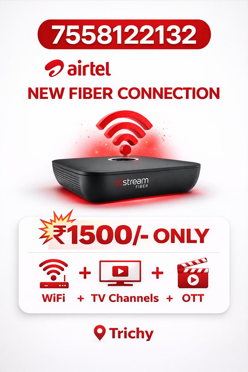 Airtelfibernet's tweet image. Best WiFi plans in Trichy Airtel Xstream Fiber contact 7558122132
#airtel #fiber #wifi #trichy