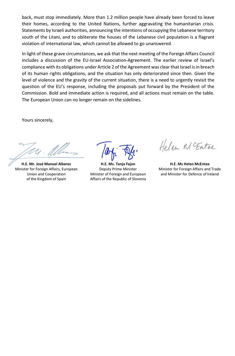 MZEZ_RS's tweet image. 👉 Together w/ #Ireland 🇮🇪 &amp;amp; #Spain 🇪🇸 we called for decisive #EU action on
the #MiddleEast in a joint letter signed by  MFAs @tfajon @jmalbares @HMcEntee. 

Human rights &amp;amp; international law must remain our guiding principles.

The EU 🇪🇺 cannot remain on the sidelines.