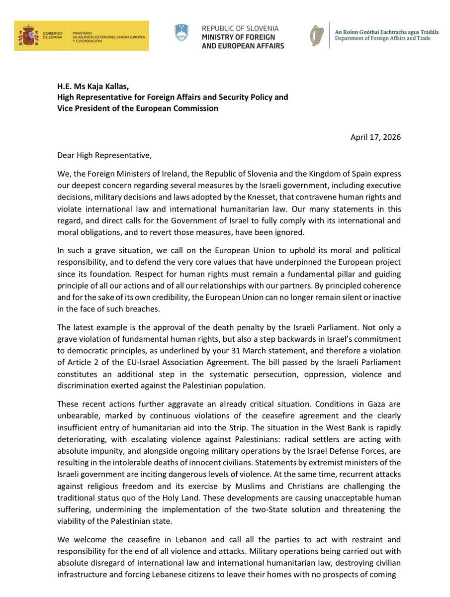 MZEZ_RS's tweet image. 👉 Together w/ #Ireland 🇮🇪 &amp;amp; #Spain 🇪🇸 we called for decisive #EU action on
the #MiddleEast in a joint letter signed by  MFAs @tfajon @jmalbares @HMcEntee. 

Human rights &amp;amp; international law must remain our guiding principles.

The EU 🇪🇺 cannot remain on the sidelines.