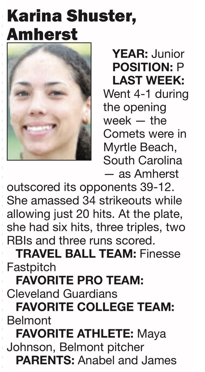 Congratulations to Karina Shuster on being named at Chronicle Telegram Softball Player of the Week!
