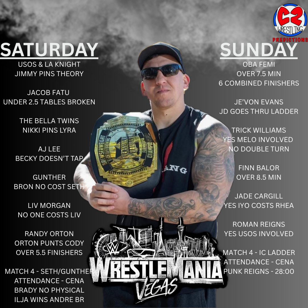 C2Wrestling_'s tweet photo. It's WrestleMania day!! Snowden defends the C2Predictions Championship in a 7-way title match. Our predictions for both nights! Who walks out of WrestleMania 42 as champion? 1/2

@WWE #WrestleMania42 #WrestleMania #WrestleManiaWeekend https://t.co/QytU4Bikue