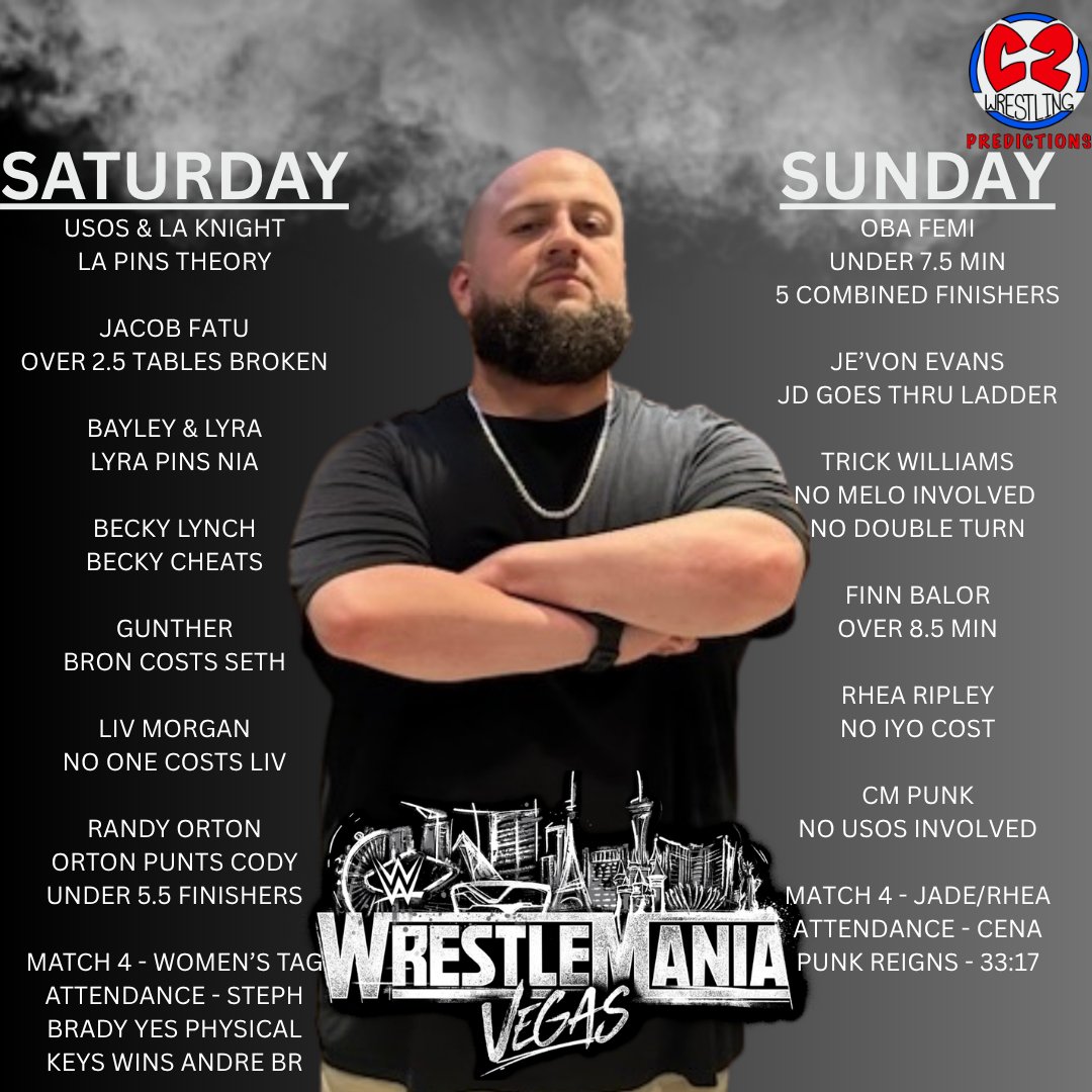 C2Wrestling_'s tweet photo. It's WrestleMania day!! Snowden defends the C2Predictions Championship in a 7-way title match. Our predictions for both nights! Who walks out of WrestleMania 42 as champion? 1/2

@WWE #WrestleMania42 #WrestleMania #WrestleManiaWeekend https://t.co/QytU4Bikue