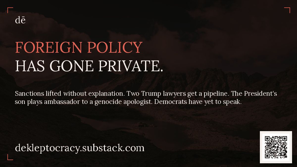 Dekleptocracy's tweet image. 7/ Foreign policy has gone private.

The President's son is running a pipeline errand for a Kremlin-aligned secessionist. Two of his father's lawyers are getting $1.5B out of it.

Read the full investigation:
dekleptocracy.substack.com

#AntiCorruption #FollowTheMoney