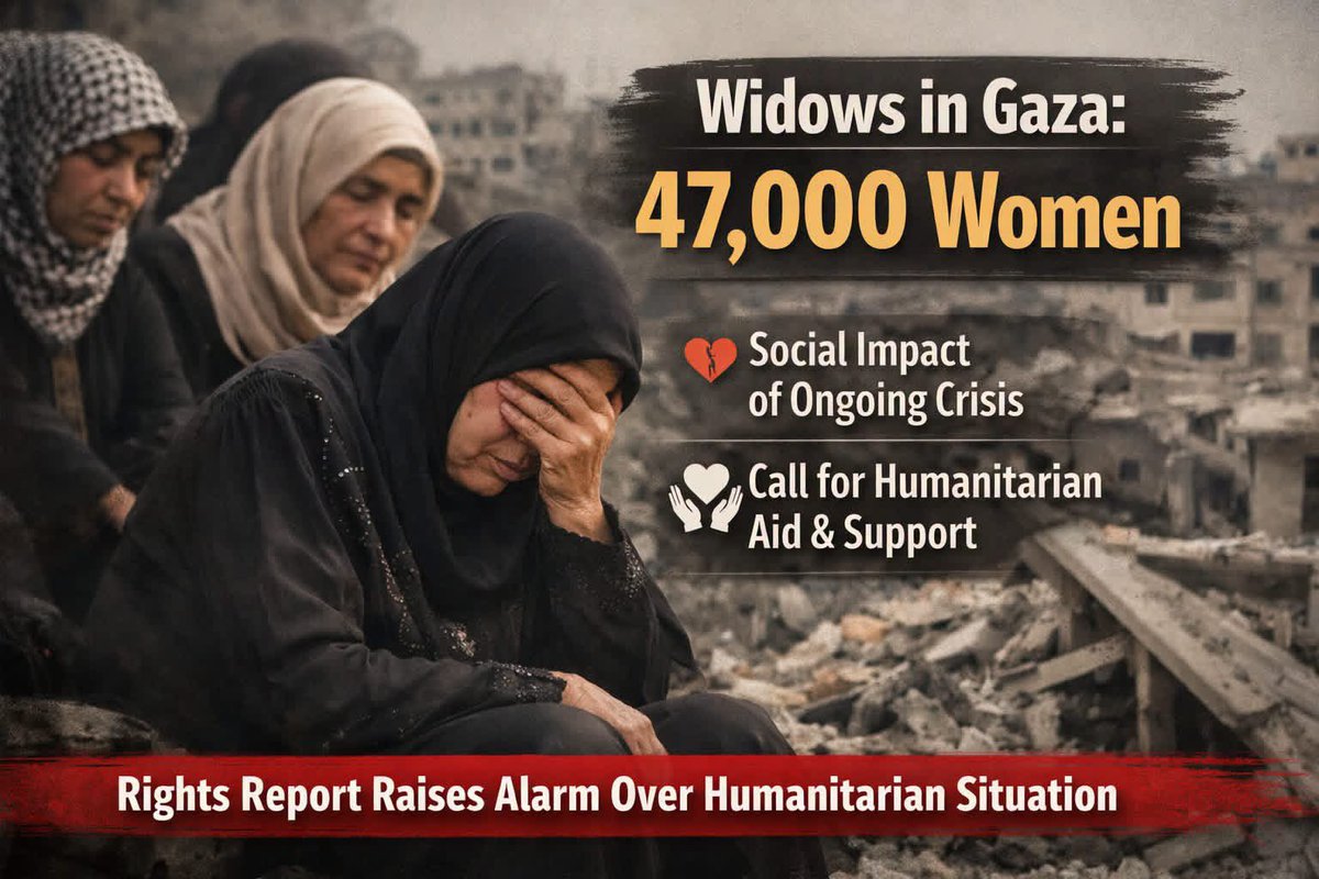 Reem_Gaza1996's tweet image. A rights report indicates that 47,000 women in the #GazaStrip have been widowed, highlighting the profound social toll of ongoing hardships. The findings raise urgent concerns about the need for sustained humanitarian support and long-term recovery efforts.

#Gaza