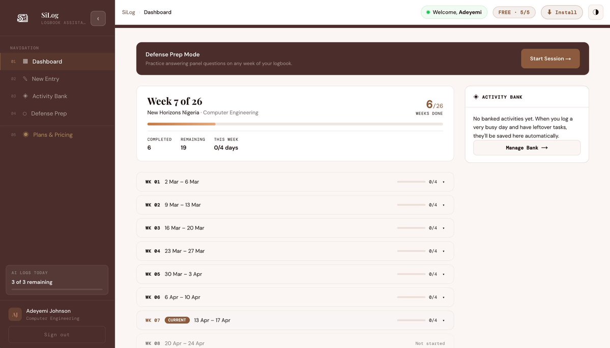 I only wanted a way to fill my SIWES logbook without any stress

SIWES and Industrial Training comes with its own level of stress, and i didn't want to go through another hassle generating logbook entries.

So I built Silog

Silog is an AI assistant app that helps SIWES and IT