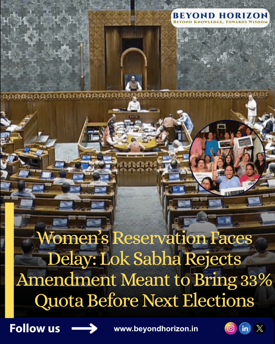 Beyondhori2296's tweet photo. 🚨 Lok Sabha rejects fast-track women’s quota plan. Govt gets 278 votes, short of majority. 33% reservation now delayed beyond 2029. Big political impact ahead. 

Read more: https://t.co/iCFYAWhjvl
👉Follow us @Beyondhori2296 for daily news update!

#LokSabha #WomenBill #trending https://t.co/Xq8iM3j6wA