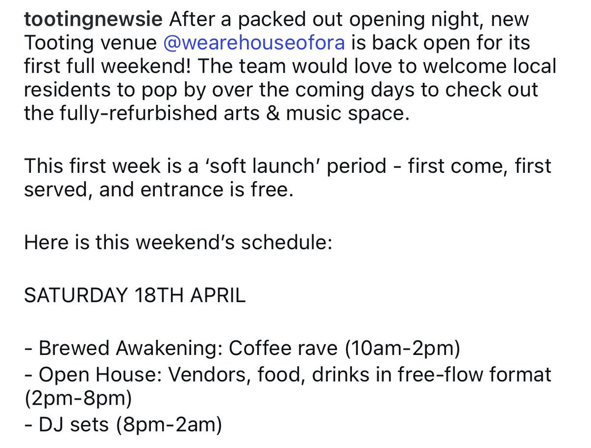 tootingnewsie's tweet image. After a packed out opening night, new #Tooting venue House of Ora is back open for its first full weekend!

The team would love to welcome local residents to pop by over the coming days to check out the fully-refurbished arts &amp;amp; music space.

Full info / schedule in the image!