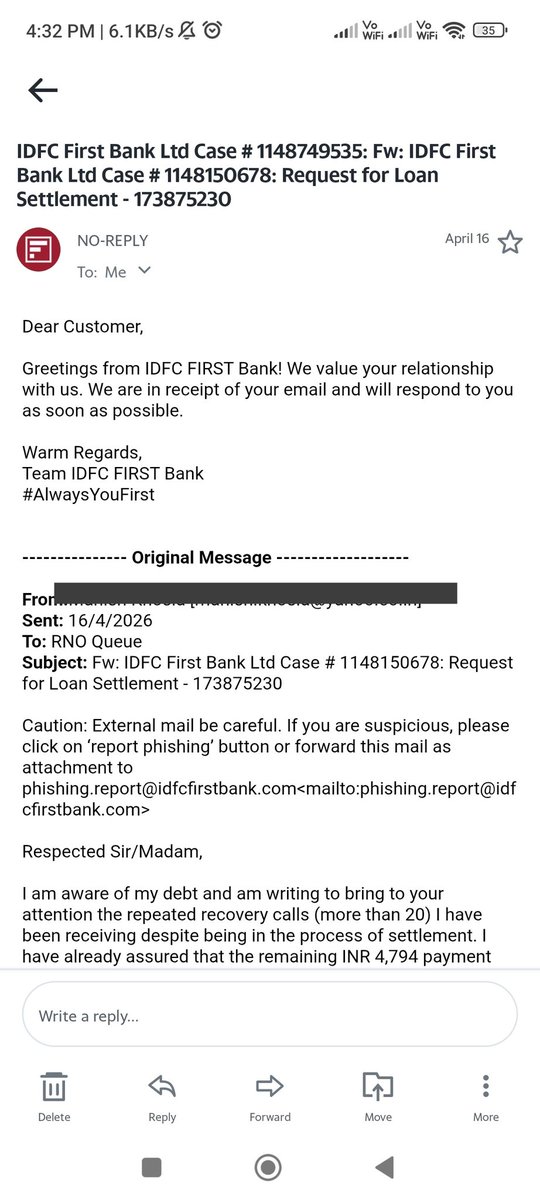 ManikhSilky's tweet photo. @IDFCFIRSTBank Nothing will happen as I tried multiple times so I had raised mail to the Nodal Officer...Just Waiting for a response on two different mail
One mail for Settlement 
Second for harassment via call and personal message. https://t.co/l1kSInxD83