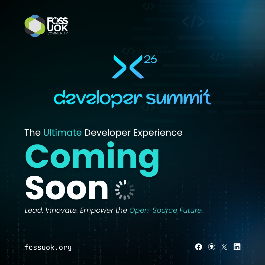 FOSSUOK's tweet photo. 🚀 Something exciting is on the way!

Get ready for the ultimate developer experience at Developer Summit '26.
Step into a space where creators and innovators connect.

Stay tuned for updates 🔔

More Info: https://t.co/CY1KbKtKCa

// FOSSUOK
// Learn. Contribute. Collaborate https://t.co/Pz1pw3FFJ6