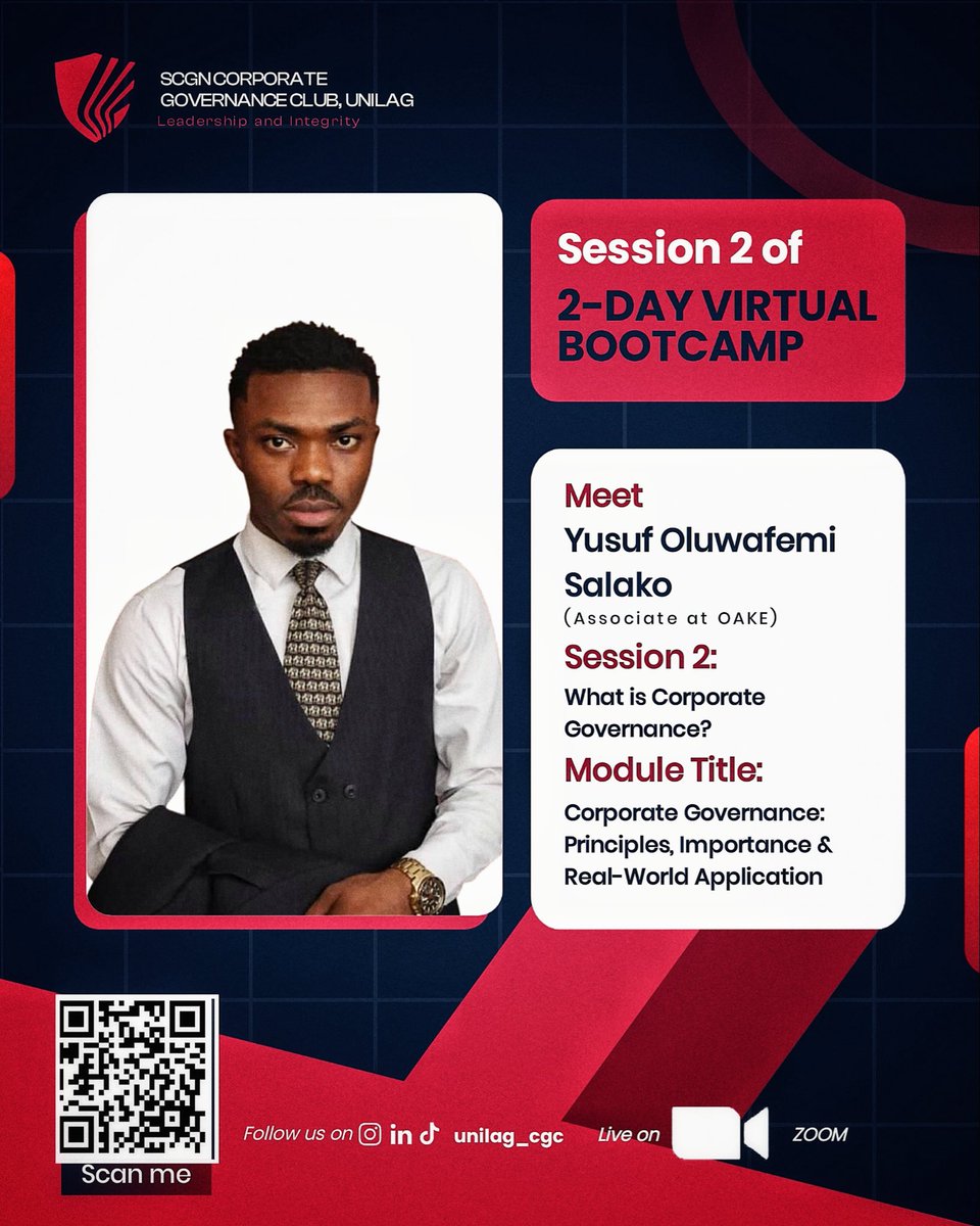 Unilag_CGC's tweet photo. Introducing the second speaker!👏

Yusuf Oluwafemi Salako is an Associate at OAKE Legal where he advises both local and international clients on broad areas of corporate law, finance, investment and risk management. 
among others. https://t.co/3N4V2Zwcyt