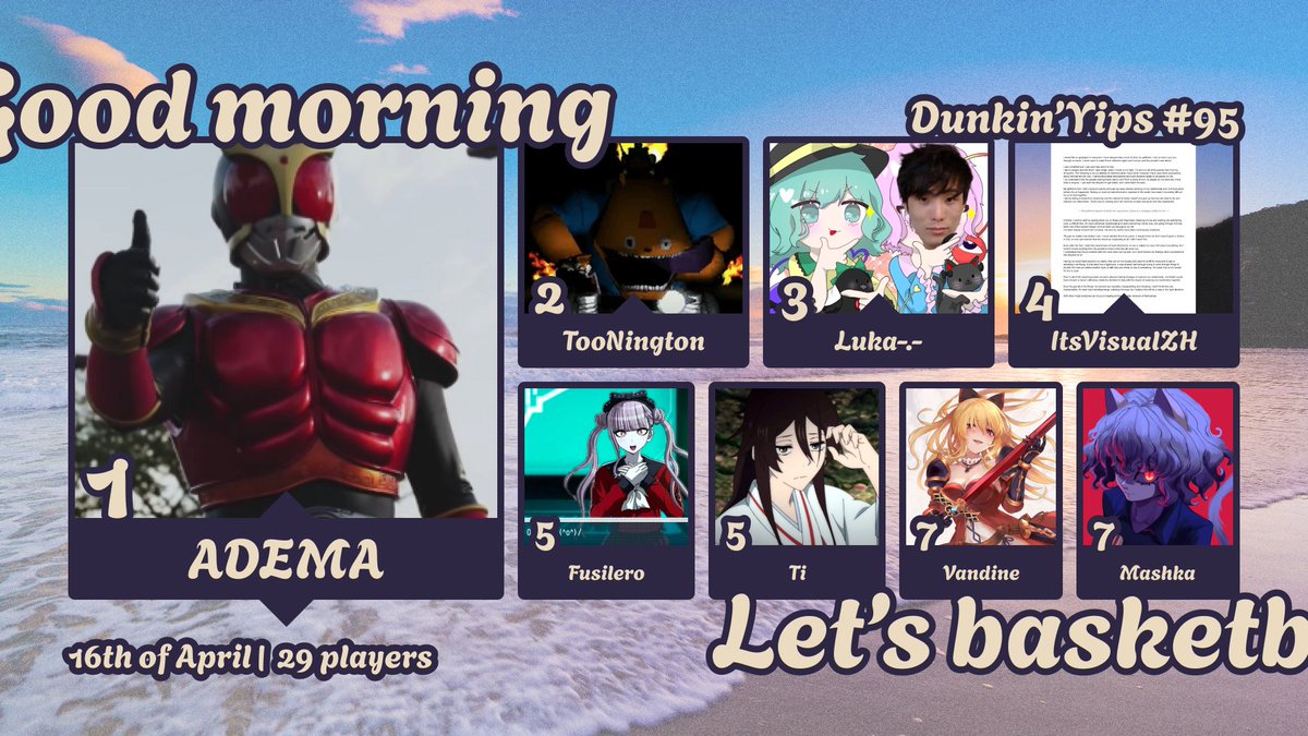 _Nyhiu's tweet photo. Here's your #GBVSR top8 results for Dunkin'Yips #96!!!
We need someone to stop those Vas from winning QUICK

Here's next week bracket: https://t.co/iCzMPqLVX9 https://t.co/KbDYRbKwTV