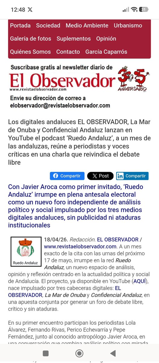 _ElObservador_'s tweet image. #OJO

Con @JavierArocaA como invitado, los digitales andaluces @_ElObservador_, @laMarDeOnuba y @ConfidencialAnd lanzan en #YouTube el podcast #RuedoAndaluz, a un mes de las andaluzas. Periodistas y voces críticas charlan reivindicando el debate libre.
.
youtu.be/MOasZjzqRFQ
.