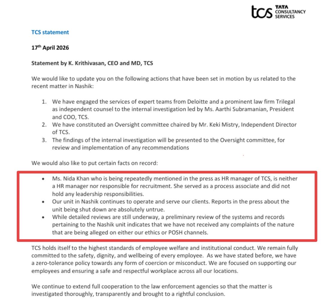 syednadeem1's tweet image. Major update on #TCS Nashik, sexual exploitation &amp;amp; religious conversion case

The official statement by @TCS makes it very clear that
1. Nida Khan was not the HR manager &amp;amp; not responsible for hiring.
2. No complaint have been filed by any employee under POSH

#Hindutva