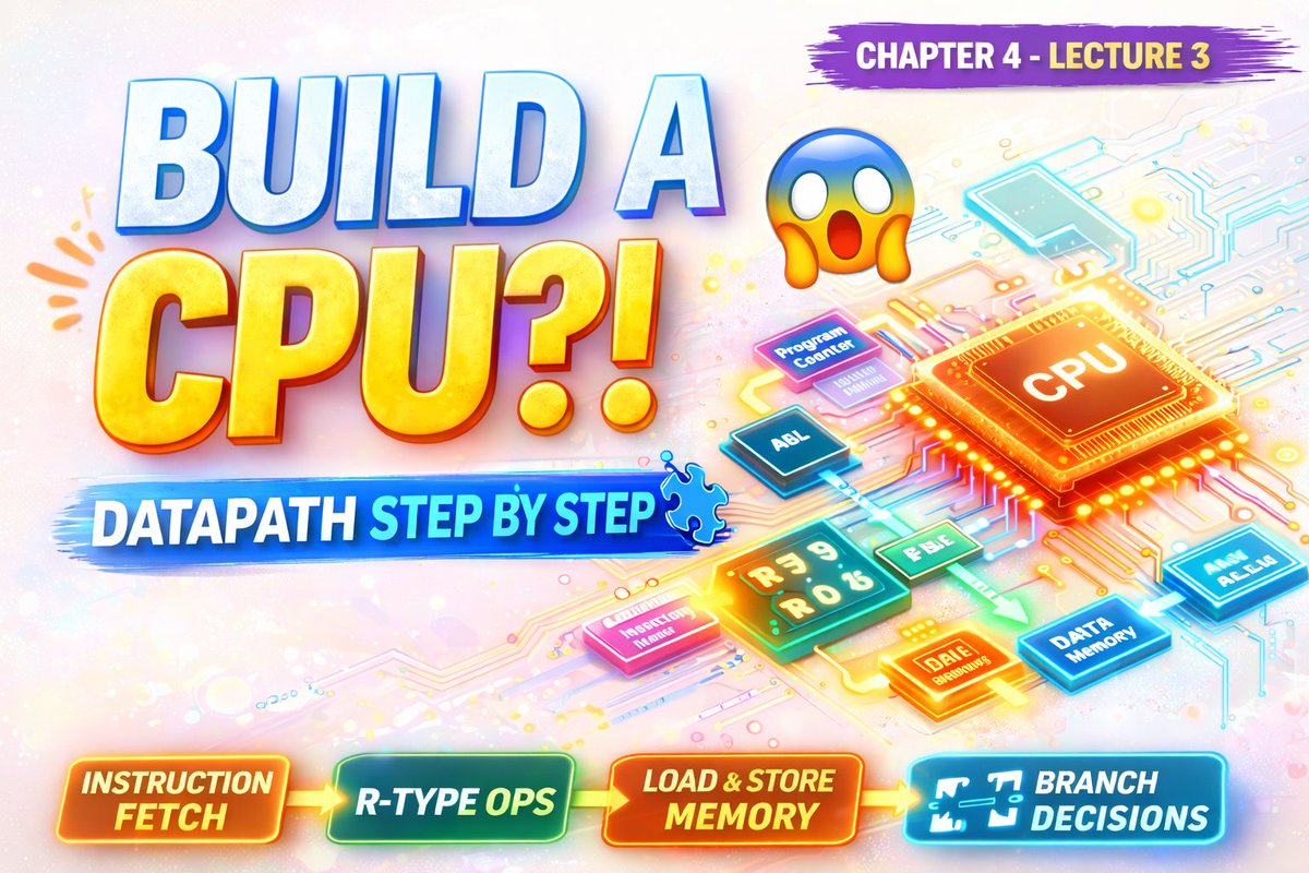 DrMElhosseini's tweet image. Can you actually build a CPU… from scratch? 🤯

Step-by-step, we design the datapath 🧩
📘 Patterson &amp;amp; Hennessy
🎥 Chapter 4 | Lecture 3
[youtu.be/YqxlIcMAZM4]

#ComputerArchitecture #CPU #MIPS