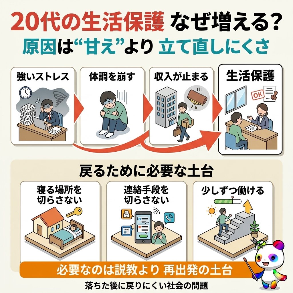 20代の生活保護が増えてるの、
「甘え」で切るのはズレてる。

強いストレスで体調を崩す
↓
働けない
↓
収入が止まる
↓
戻る土台まで切れる

必要なのは説教じゃない。
寝る場所、スマホと連絡手段、少しずつ戻れる仕事。