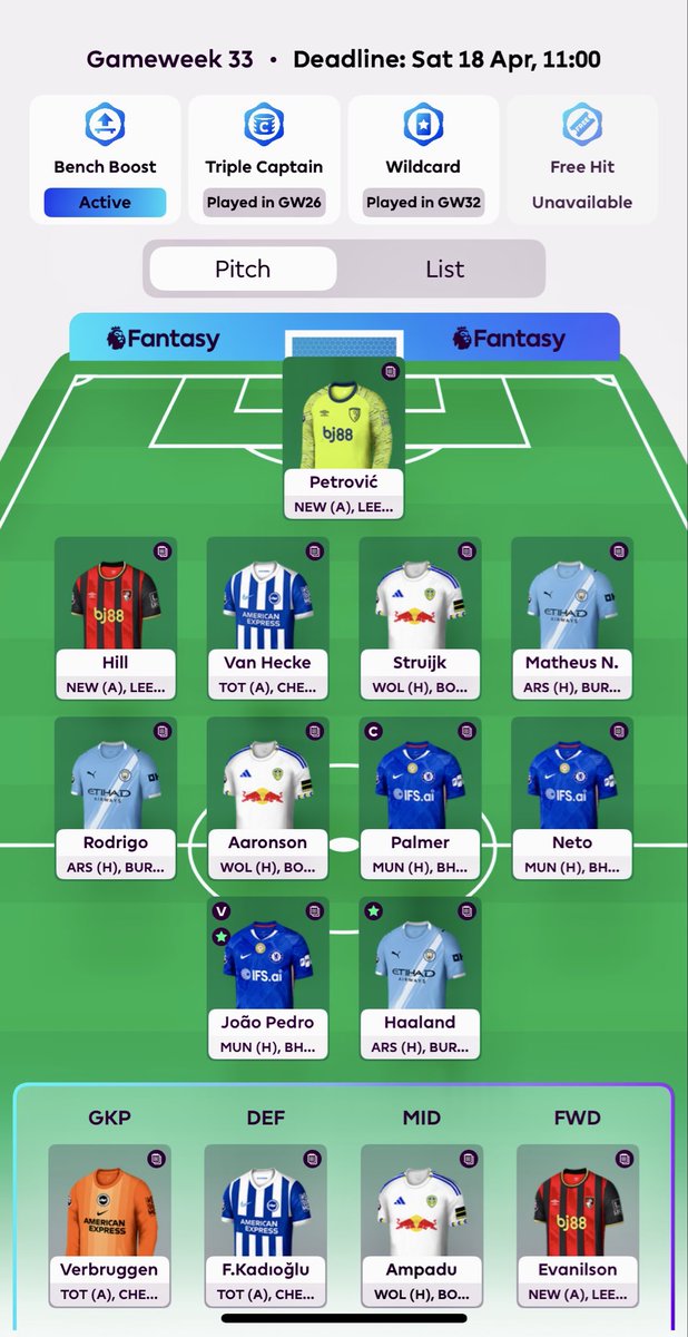 FPL_Masterplan's tweet photo. Double GW33 🔒

Bench Boost Active 🔥
15 Double GW Players

OR: 50 🌍 

Transfer: Bruno OUT ➡️ Aaronson IN

Captain 🧢: ©️ Palmer ����󠁧󠁢󠁥󠁮󠁧󠁿 

Let’s Go and Win FPL 🔥

Good Luck Everyone 💚

#fpl #fplcommunity #fantasypremierleague #premierleague #fyp #GW33 https://t.co/xJ6tm3YbHs