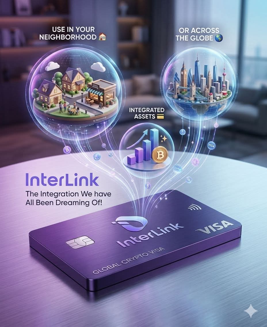 RSakiri19410's tweet image. #interlink #itlg #itlx #itl
Main Title: InterLink

​Tagline: The Integration We Have All Been Dreaming Of!

​Left Bubble: USE IN YOUR NEIGHBORHOOD

​Right Bubble: OR ACROSS THE GLOBE

​Center Bubble: INTEGRATED ASSETS

​On the Card: InterLink, VISA, GLOBAL CRYPTO VISA