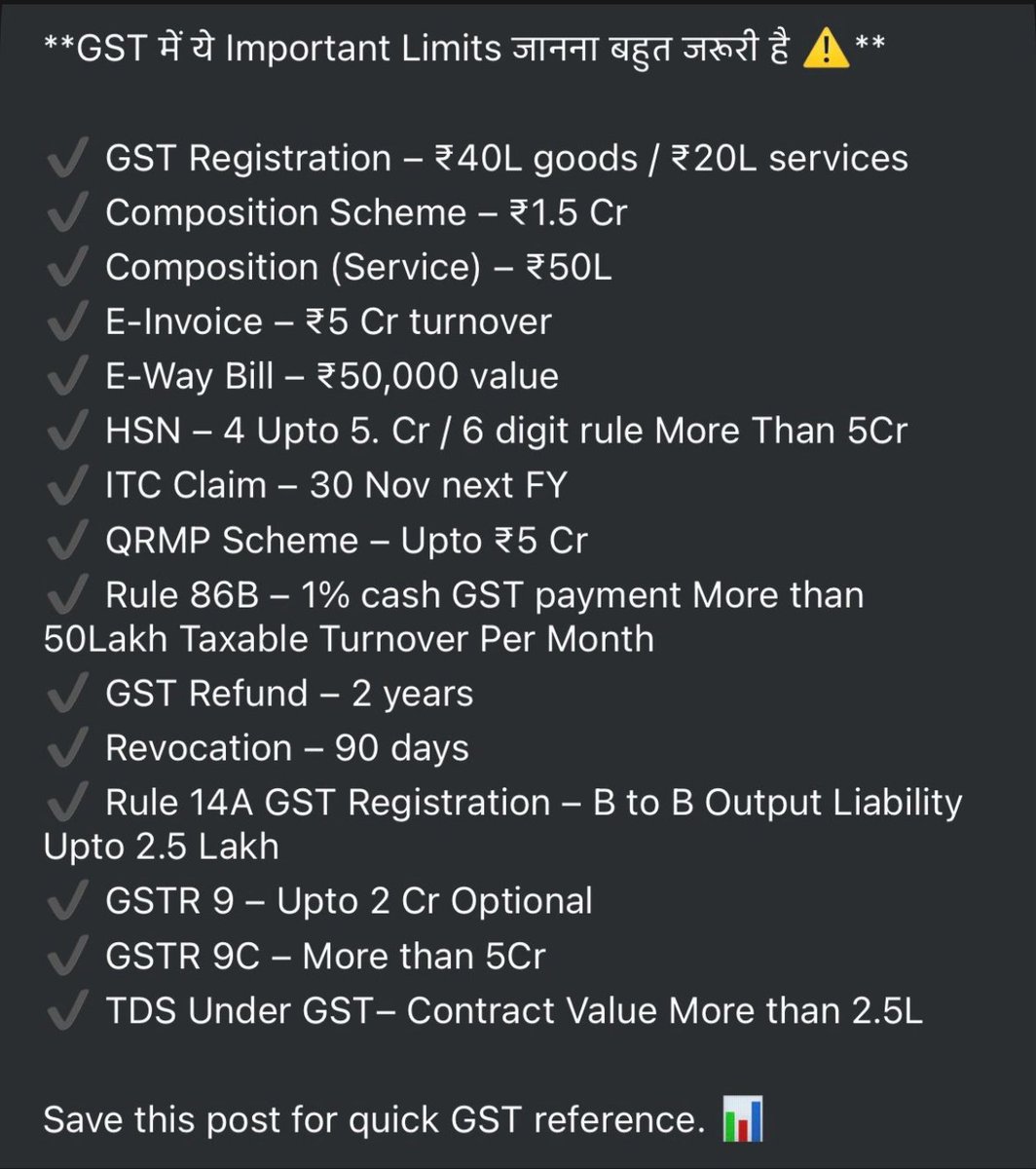 CANITINCHAWLA's tweet photo. Important limits under Gst 

Save this Post ...

#Gst
#GstLimit
#GstUpdates
#GstIndia
#Updates

Follow the Tax Talk with CA Nitin Chawla A.C.C.A channel on WhatsApp:
👇👇👇👇 https://t.co/FTvTNcWYpc https://t.co/VZlRvVCANc