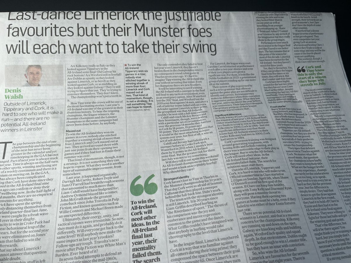 JohnDugganSport's tweet photo. Not much better things in Irish life than reading top sports writers on the day the Hurling Championship begins. We actually need more columnists, not less. I do radio and radio is very important. But so are newspapers. #buyanewspaper https://t.co/7bkEEWLOCc