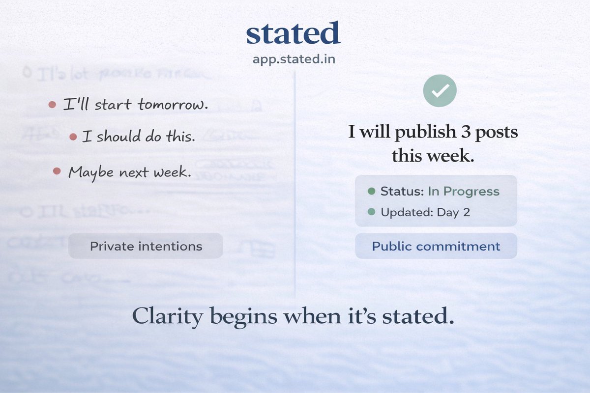 Statedin's tweet photo. Most things don’t fail because of lack of intent.

They fail because they were never clearly stated.

Make it visible.
Follow through.

https://t.co/JHTFDs9mKK

#Accountability #Consistency #BuildInPublic #Startups #Execution #Productivity #Entrepreneurship #Habits #Focus #Stated https://t.co/nL06OpX0l1