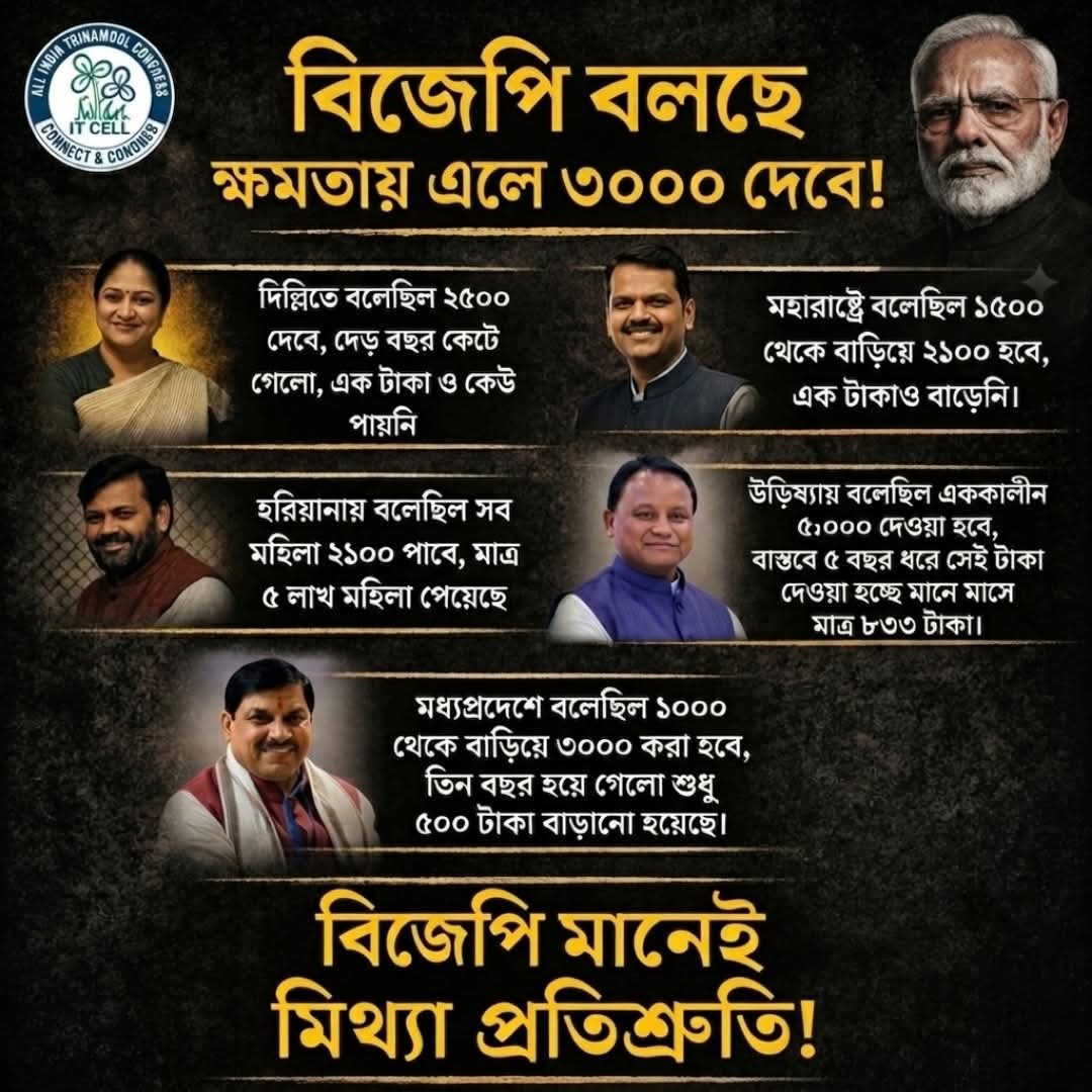AbbashuddinSk's tweet image. Promises are easy, but delivery is what matters! From Delhi to Odisha, the BJP’s record is full of broken commitments. Bengal will not be fooled by empty 'Jumlas.' We trust in real work, not tall claims. 🚫🙅‍♂️

#BJPFalsePromises #BengalElections2026 #NoVoteToBJP  #BengalPolitics