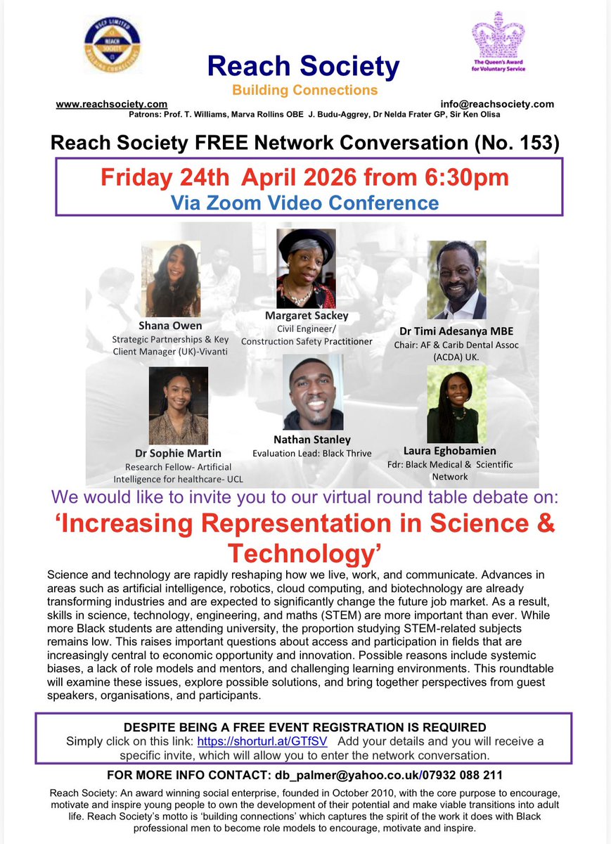 ReachSociety10's tweet image. ALL THINGS STEM 🧬 💻 🩺 🧮 at our next NetCon on Friday 24th April from 6.30pm via ZOOM 🎧 see details in pic below 👀 👇🏾

FREE REGISTRATION REQUIRED VIA THIS LINK 👉🏾 us02web.zoom.us/meeting/regist… #BuildingConnections