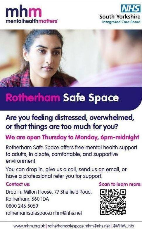 Stag_RosePPG's tweet image. #mentalhealthsupport &amp;amp; #thursday 

Rotherham Safe Space are there for you 5 nights a week, Thu - Mon 6pm - midnight.

There for you…… reach out if you need to. Getting really good feedback about this space and supportive service.

#SupportForAll #mentalwellbeing