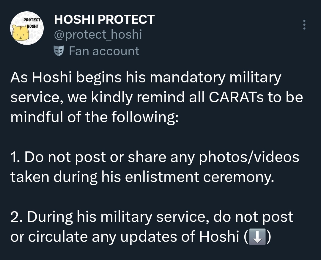 protect_hoshi's tweet photo. Remember that Hoshi is not an idol at this moment, but a citizen fulfilling his duty. Even though there may be public performances/showcases put on by the military, please remember to act accordingly when attending. https://t.co/QcyUET6B4A