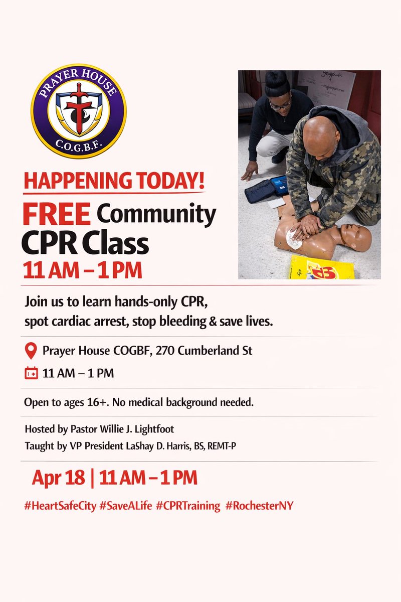 WLightfoot4U's tweet image. 🫀 FREE CPR Class — TODAY!
Learn hands‑only CPR, spot cardiac arrest, stop bleeding &amp;amp; save lives.
📍 Prayer House COGBF, 270 Cumberland St
🕚 11 AM–1 PM • Ages 16+ • No medical background needed
#HeartSafeCity #SaveALife #CPRTraining #RochesterNY