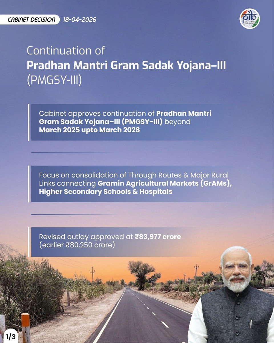 PIBSrinagar's tweet image. #Cabinet approves Continuation of Pradhan Mantri Gram Sadak Yojana-III (PMGSY-III) beyond March 2025 upto March 2028
 
#CabinetDecisions