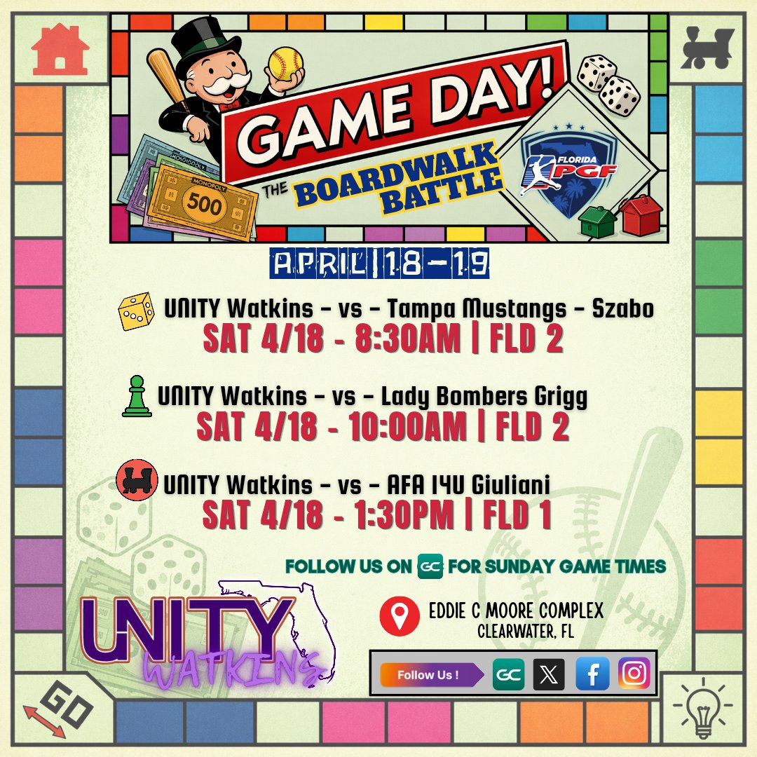unitywatkins16u's tweet photo. GAME DAY!! 😎

We're competing in the PGF Boardwalk Battle – Monopoly Tournament in Clearwater, FL this weekend. 🥎🎲

Let’s roll the dice and take on the weekend—#UnityStrong all the way 🧡💜🤍

#UnityWatkins @VAUnitySB https://t.co/tve1mHif9z