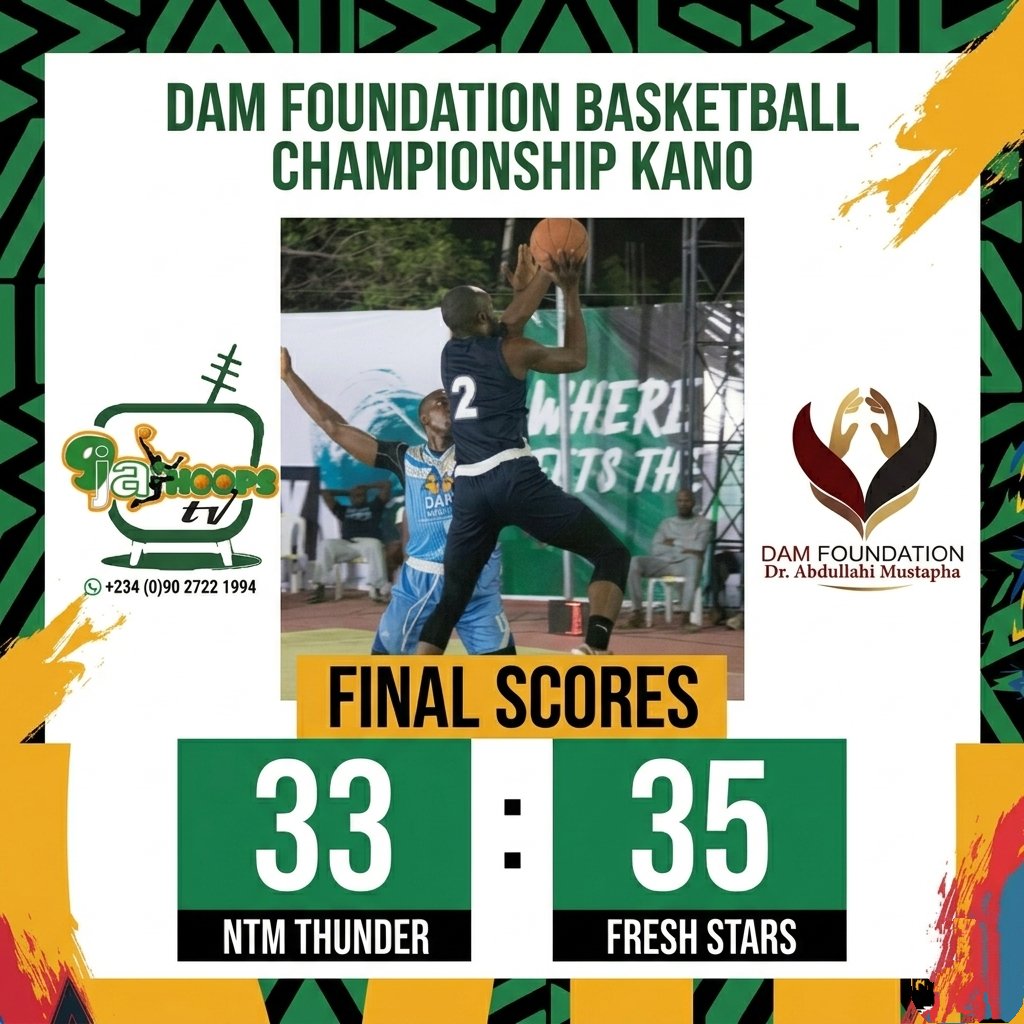 Fresh Stars Kaduna grind out a 35–33 win over NTN Thunder in the men’s semi-final at the DAM Foundation Basketball Championship, Kano.

A game that could have gone either way, decided by the finest of margins.

FINAL SCORE:
NTN Thunder 33–35 Fresh Stars

#DAMFoundation