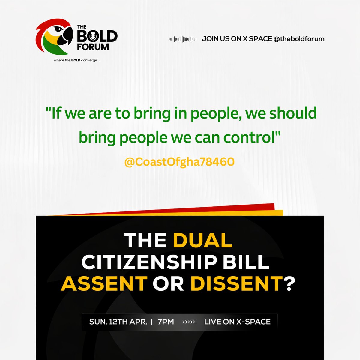 TheBoldForum's tweet photo. One of my favs from #BOLDIE @CoastOfgha78460 during his #BOLDTAKE on dissenting to the bill.
We all know the repercussions when we bring on board individuals who we won't be able to tame.
#THEBOLDFORUM https://t.co/26HZHJJQnt